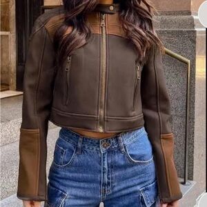 Lioness chocolate biker jacket and fit 
Perfect fall jacket size S